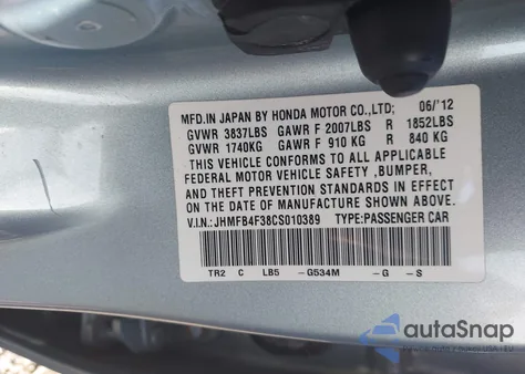2012 Honda Civic Hybrid z USA, uszkodzony, nr VIN JHMFB4F38CS010389